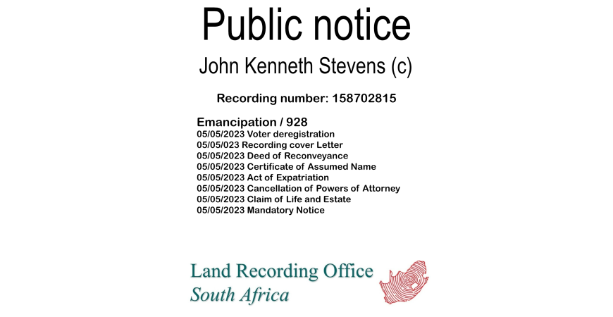 Public notice John Kenneth Stevens (c) Recording number 158702815