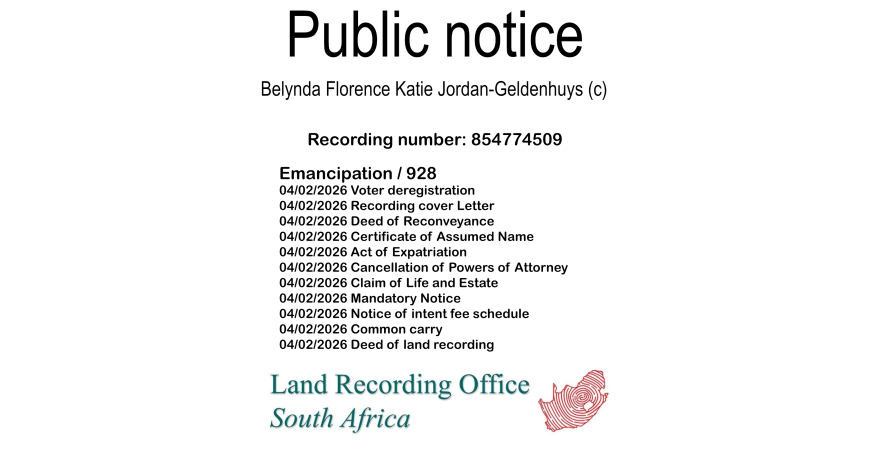 Public notice Belynda Florence Katie Jordan-Geldenhuys (c) Recording number 854774509