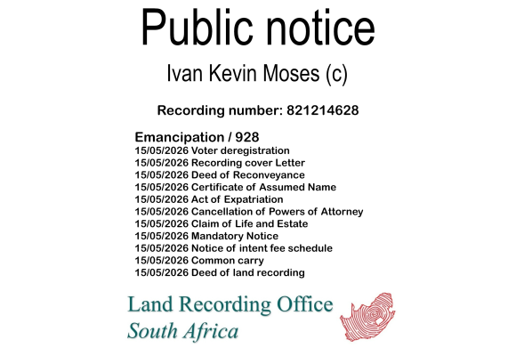 Public notice Ivan Kevin Moses (c) Recording number 821214628