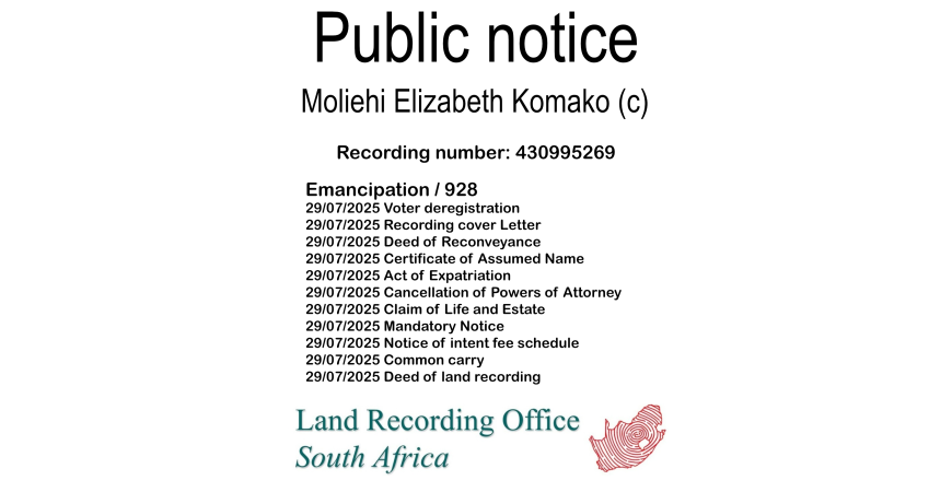 Public notice Moliehi Elizabeth Komako (c) Recording number 430995269