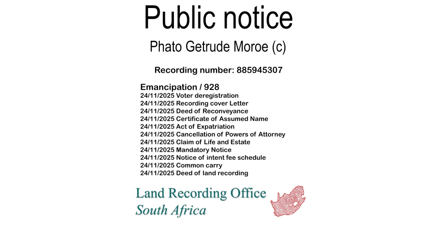 Public notice Phato Getrude Moroe (c) Recording number 885945307