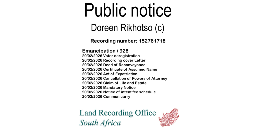Public notice Doreen Rikhotso (c) Recording number 152761718