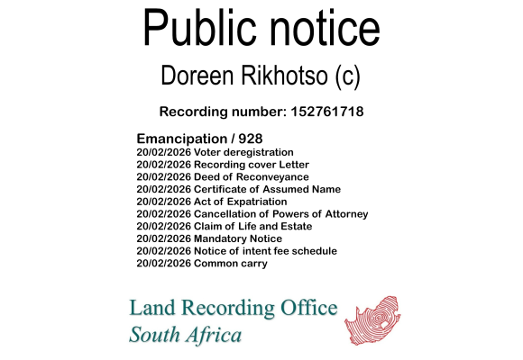 Public notice Doreen Rikhotso (c) Recording number 152761718