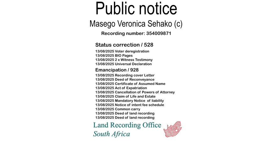 Public notice Masego Veronica Sehako (c) Recording number 354009871