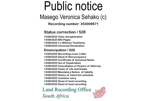 Public notice Masego Veronica Sehako (c) Recording number 354009871