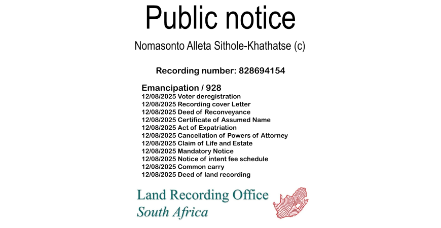 Public notice Nomasonto Alleta Sithole-Khathatse (c) Recording number 828694154