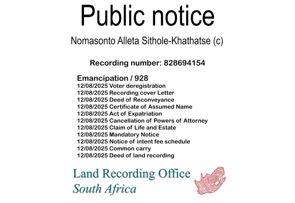 Public notice Nomasonto Alleta Sithole-Khathatse (c) Recording number 828694154