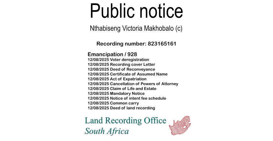 Public notice Nthabiseng Victoria Makhobalo (c) Recording number 823165161