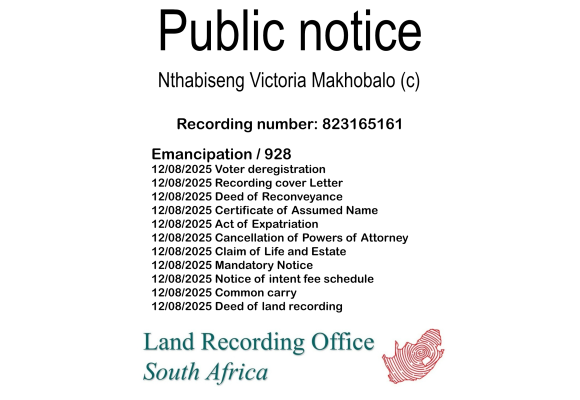 Public notice Nthabiseng Victoria Makhobalo (c) Recording number 823165161