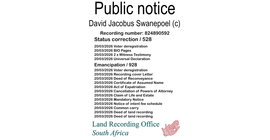 Public notice David Jacobus Swanepoel (c) Recording number 824890592