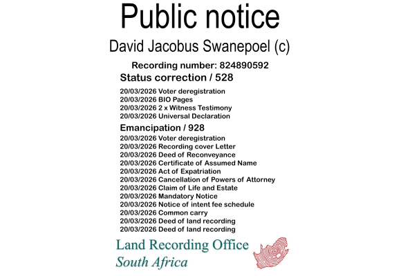 Public notice David Jacobus Swanepoel (c) Recording number 824890592