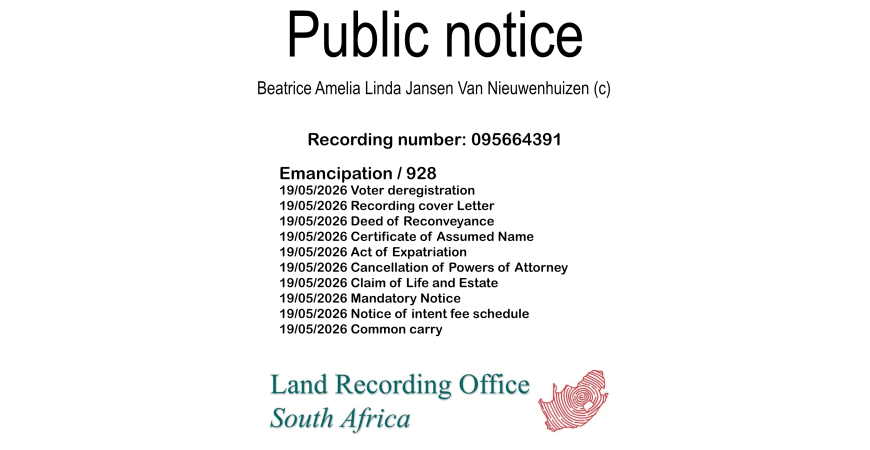 Public notice Beatrice Amelia Linda Jansen Van Nieuwenhuizen (c) Recording number 095664391