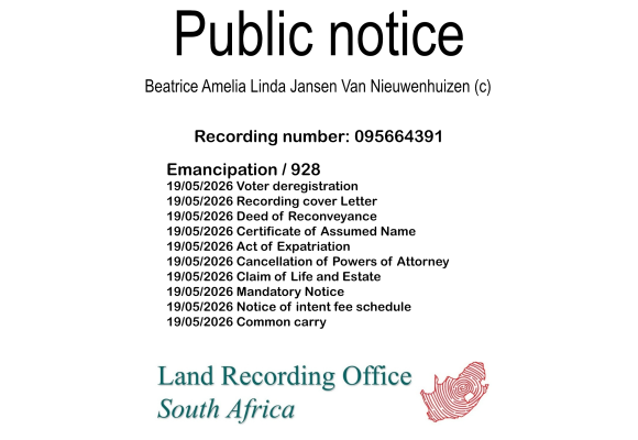 Public notice Beatrice Amelia Linda Jansen Van Nieuwenhuizen (c) Recording number 095664391
