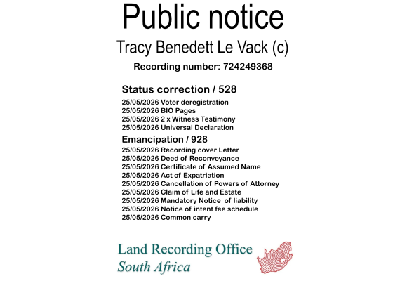 Public notice Tracy Benedett Le Vack (c) Recording number 724249368