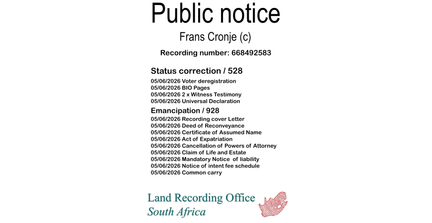 Public notice Frans Cronje (c) Recording number 668492583