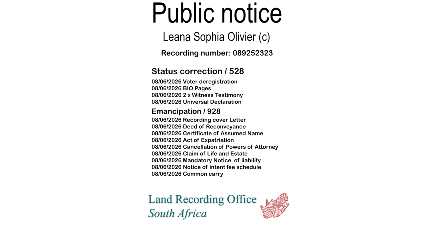 Public notice Leana Sophia Olivier (c) Recording number 089252323