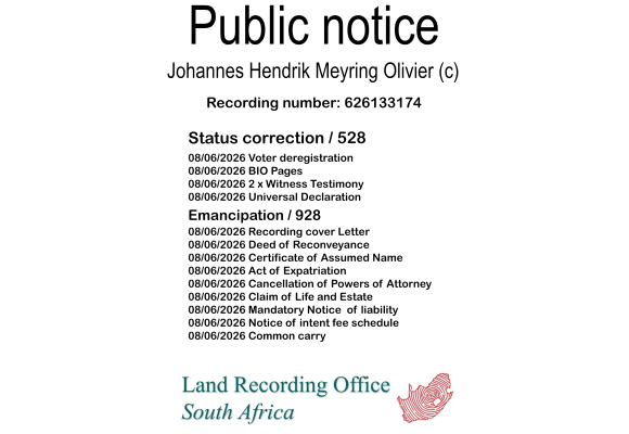 Public notice Johannes Hendrik Meyring Olivier (c) Recording number 626133174