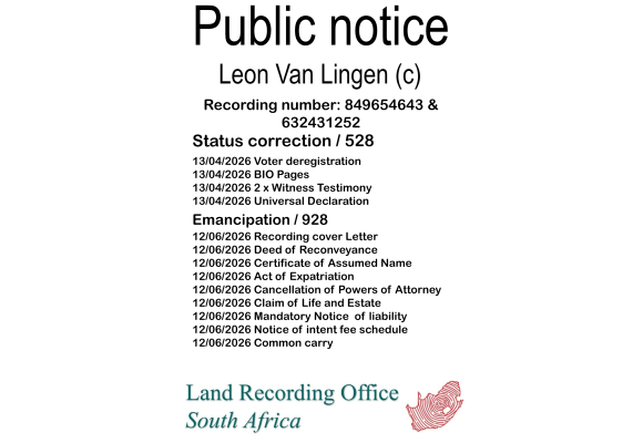 Public notice Leon Van Lingen (c) Recording number 849654643 & 632431252