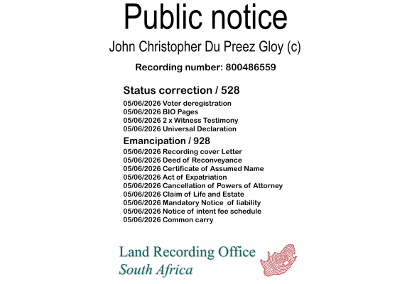 Public notice John Christopher Du Preez Gloy (c) Recording number 800486559