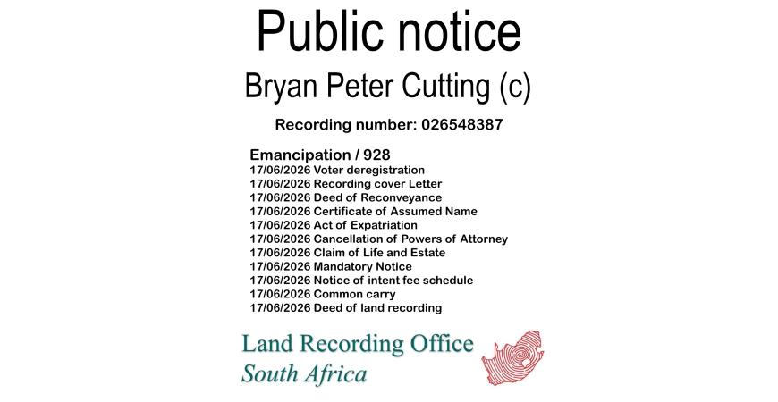 Public notice Bryan Peter Cutting (c) Recording number 026548387