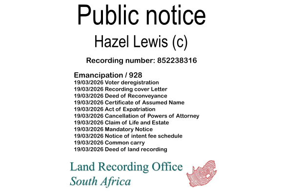 Public notice Hazel Lewis (c) Recording number 852238316