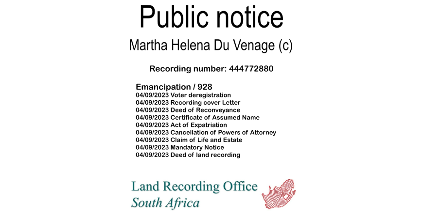 Public notice Martha Helena Du Venage (c) Recording number 444772880