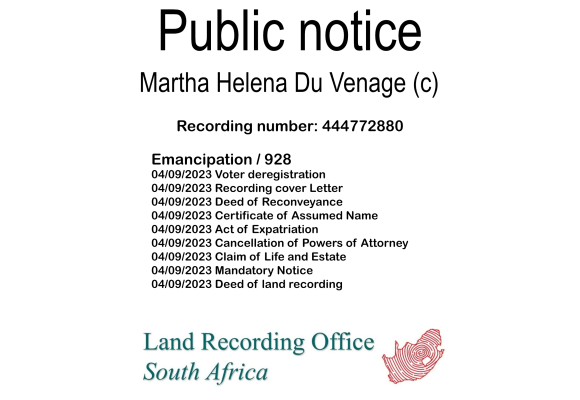 Public notice Martha Helena Du Venage (c) Recording number 444772880