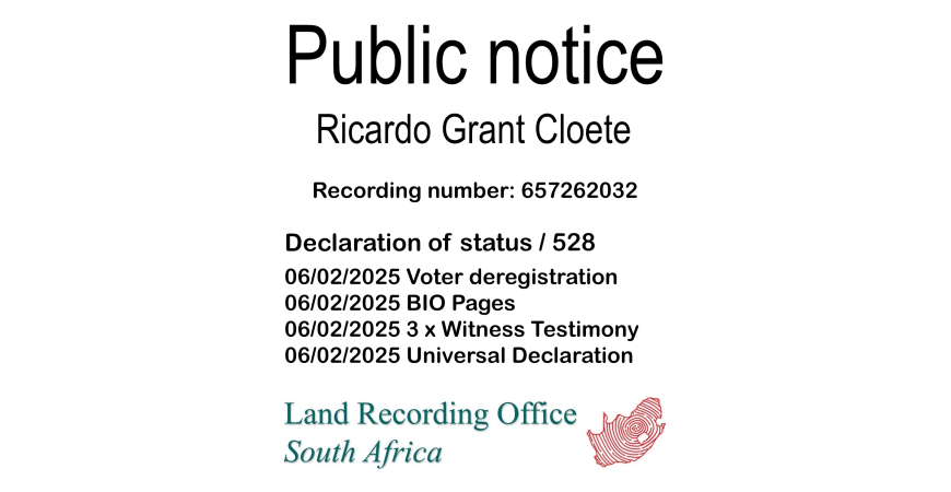 Public notice Ricardo Grant Cloete Recording number 657262032