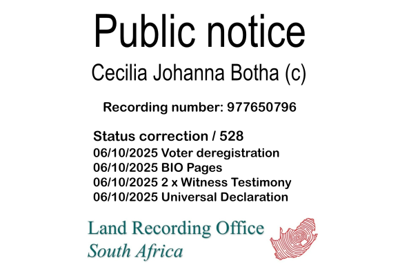 Public notice Cecilia Johanna Botha Recording number 977650796