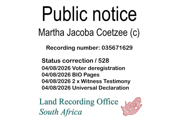 Public notice Martha Jacoba Coetzee Recording number 035671629