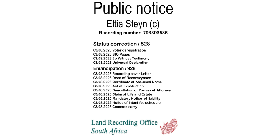 Public notice Eltia Steyn Recording number 793393585