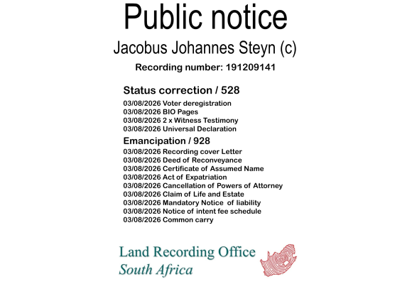 Public notice Jacobus Johannes Steyn Recording number 191209141
