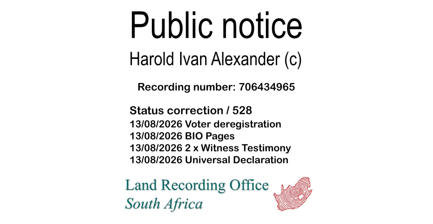 Public notice Harold Ivan Alexander Recording number 706434965
