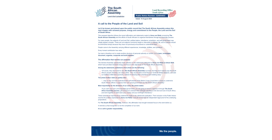 Public notice The South African Assembly Recording number 524954653 - A Call to the People