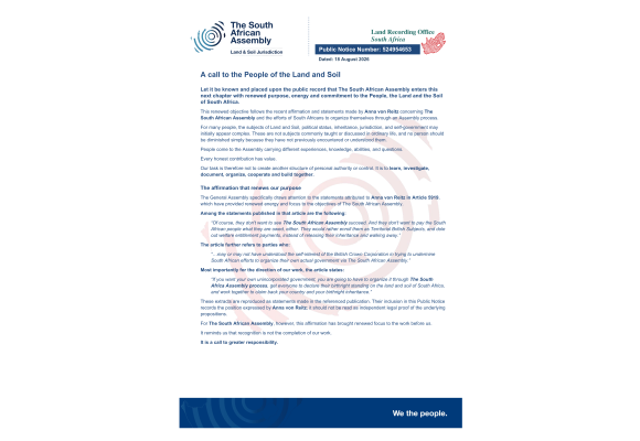 Public notice The South African Assembly Recording number 524954653 - A Call to the People
