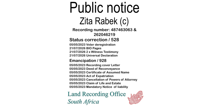 Public notice Zita Rabek Recording number 487463063 & 262046219