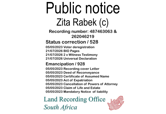 Public notice Zita Rabek Recording number 487463063 & 262046219