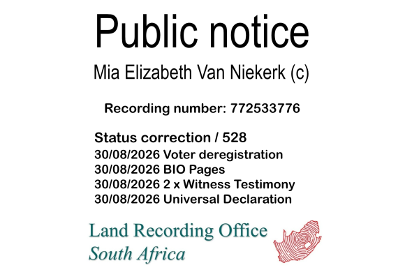 Public notice Mia Elizabeth Van Niekerk Recording number 772533776
