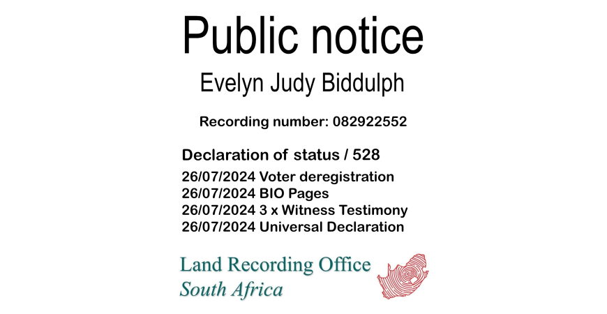 Public notice Evelyn Judy Biddulph Recording number 082922552
