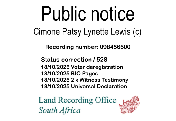 Public notice Cimone Patsy Lynette Lewis Recording number 098456500