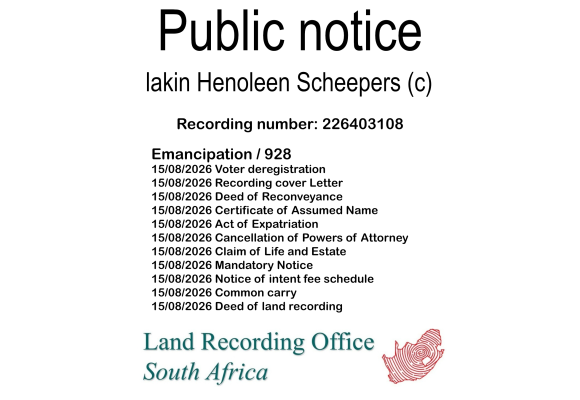 Public notice lakin Henoleen Scheepers Recording number 226403108