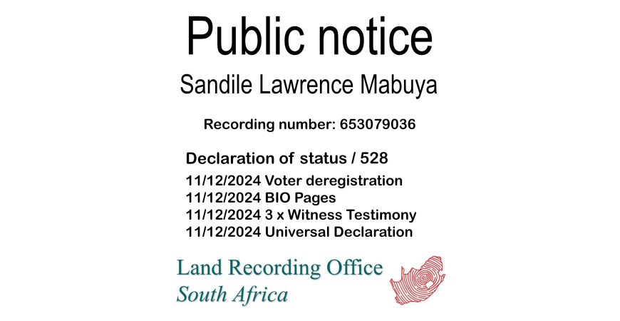 Public notice Sandile Lawrence Mabuya Recording number 653079036