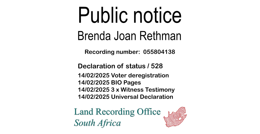 Public notice Brenda Joan Rethman Recording number 055804138