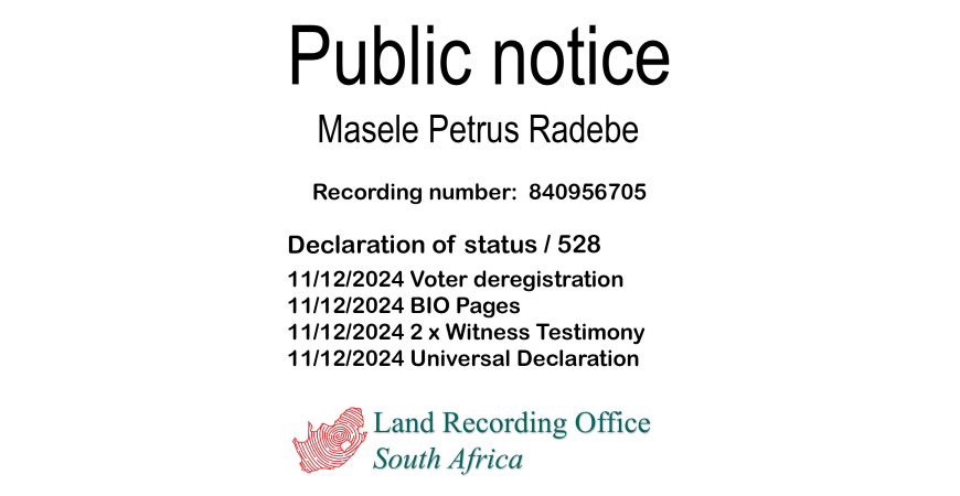 Public notice Masele Petrus Radebe Recording number 840956705