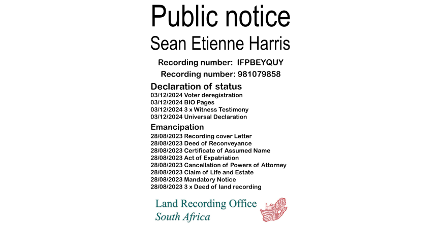 Public notice Sean Etienne Harris Recording number 981079858