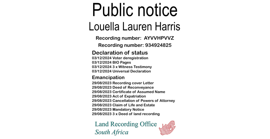Public notice Louella Lauren Harris Recording number 934924825
