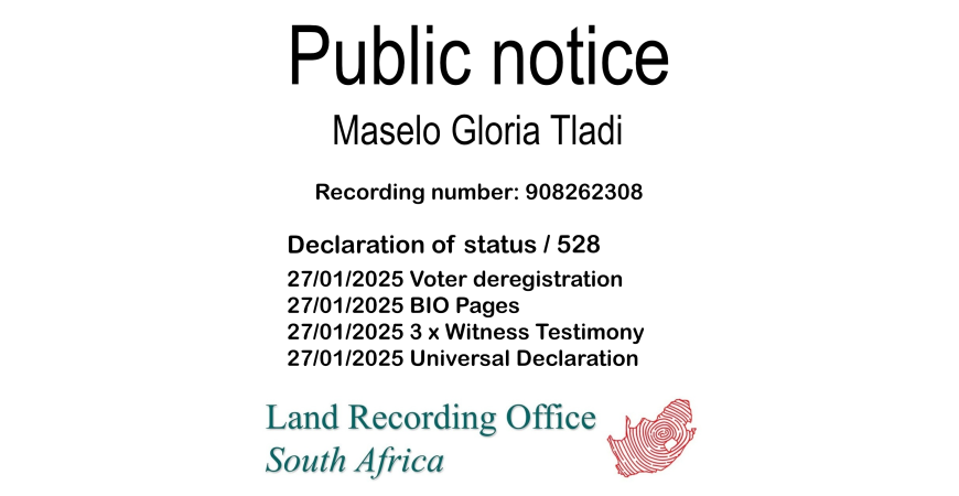 Public notice Maselo Gloria Tladi Recording number 908262308 