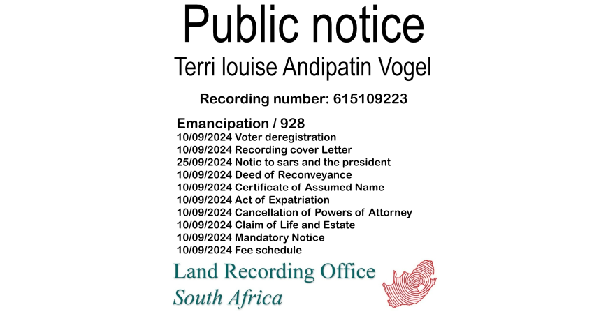 Public notice Terri louise Andipatin Vogel Recording number 615109223
