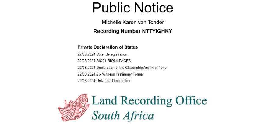 Public Notice Michelle Karen van Tonder Recording Number NTTYIGHKY