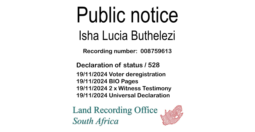 Public notice Isha Lucia Buthelezi Recording number 008759613